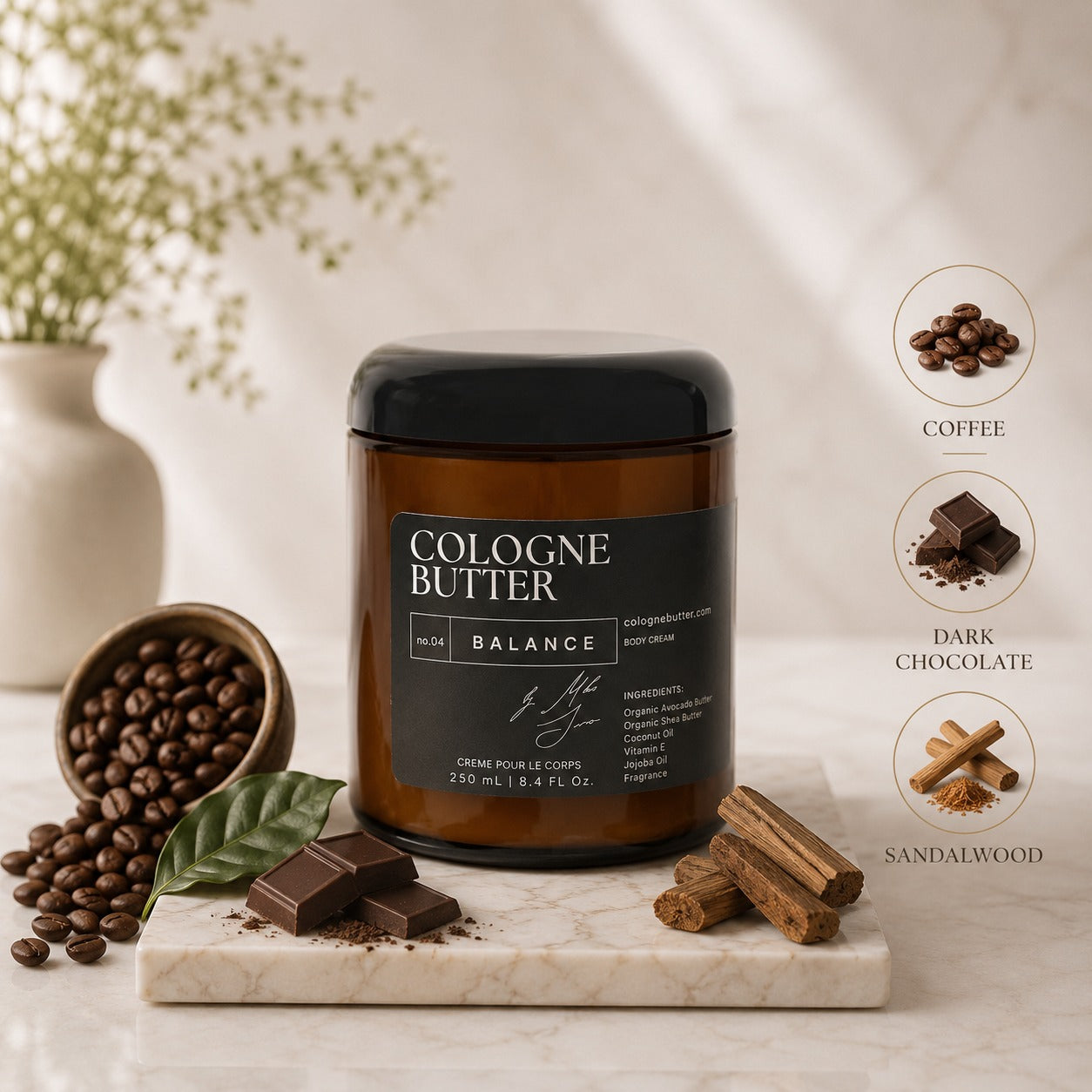 BALANCE – Luxury Fragrance Body Butter | Coffee, Dark Chocolate & Sandalwood Cologne Scent Moisturizing Skin Butter | Cologne Butter
