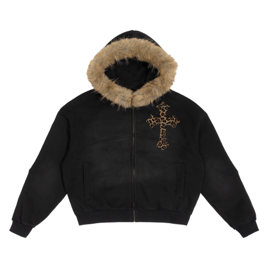 Black Sun Fade Boxy Hoodie With Detachable Fur Hood Cotton 360 GSM DTG Print