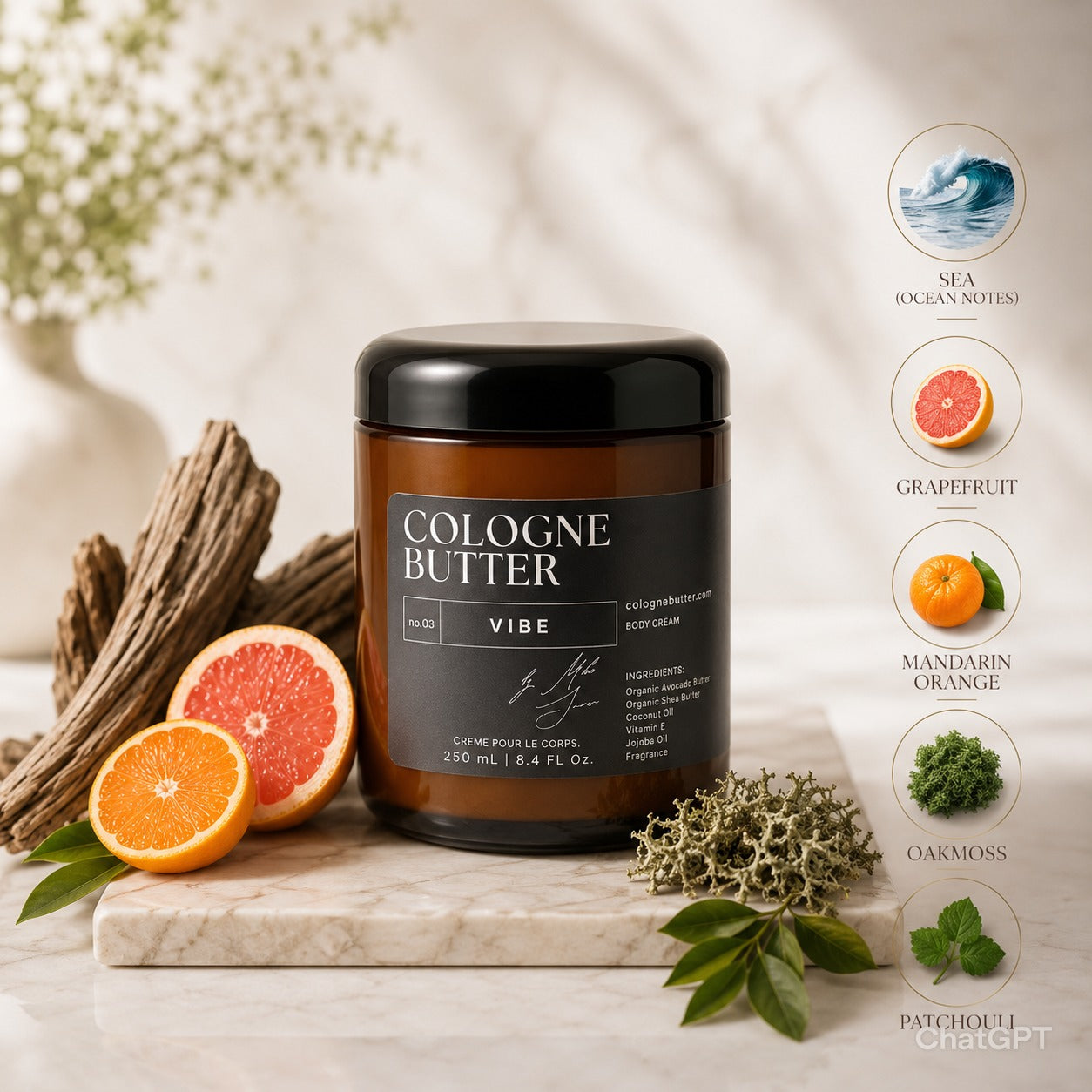 VIBE – Energizing Fragrance Body Butter | Grapefruit, Patchouli & Oakmoss Cologne Scent Moisturizing Skin Butter | Cologne Butter